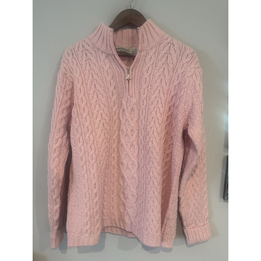 Aran Crafts Ireland Merino Wool Cable Knit Half Zip Sweater Pink L NWT